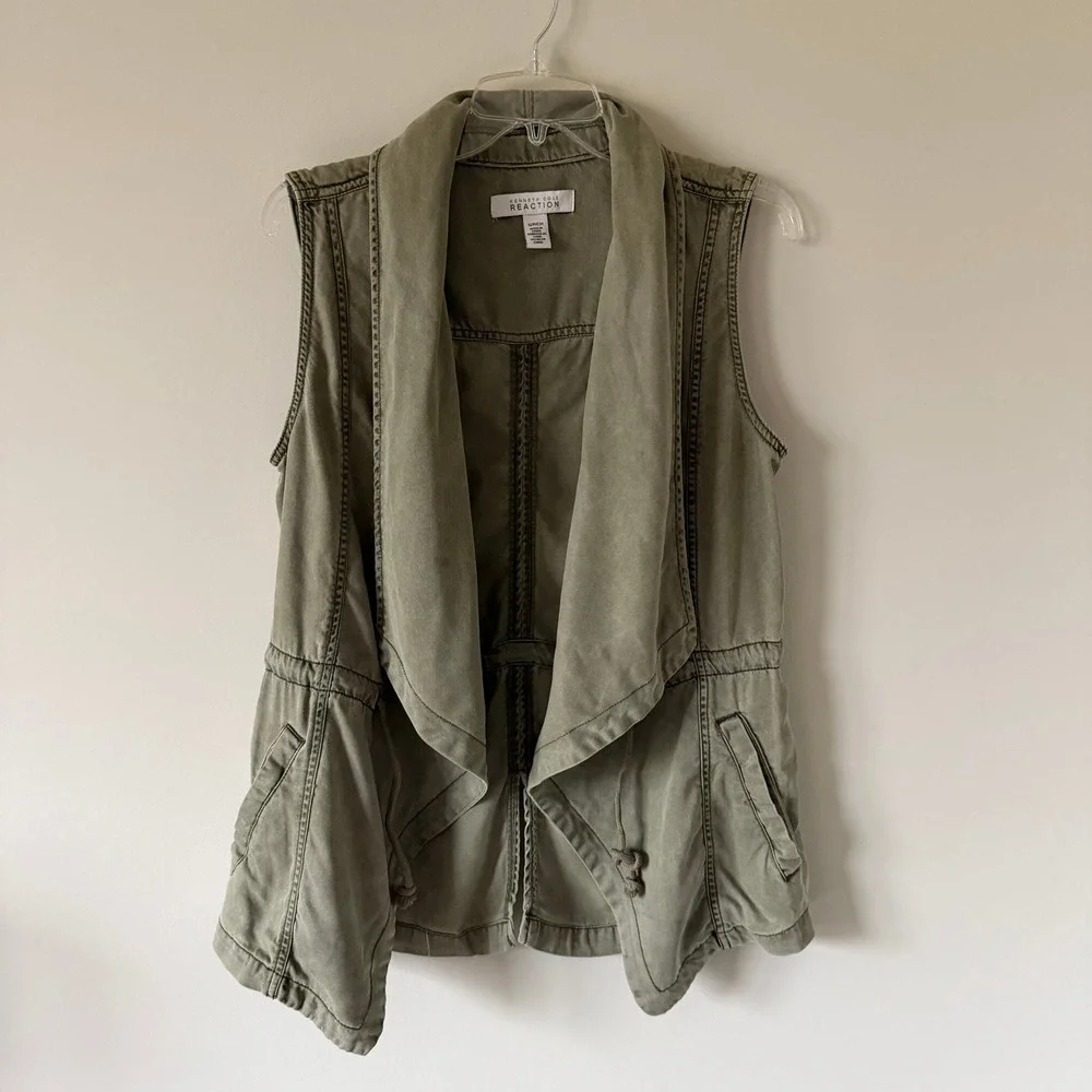 Kenneth Cole‎ Reaction Women Olive Green Tencel Draped Open Front Utility Vest S